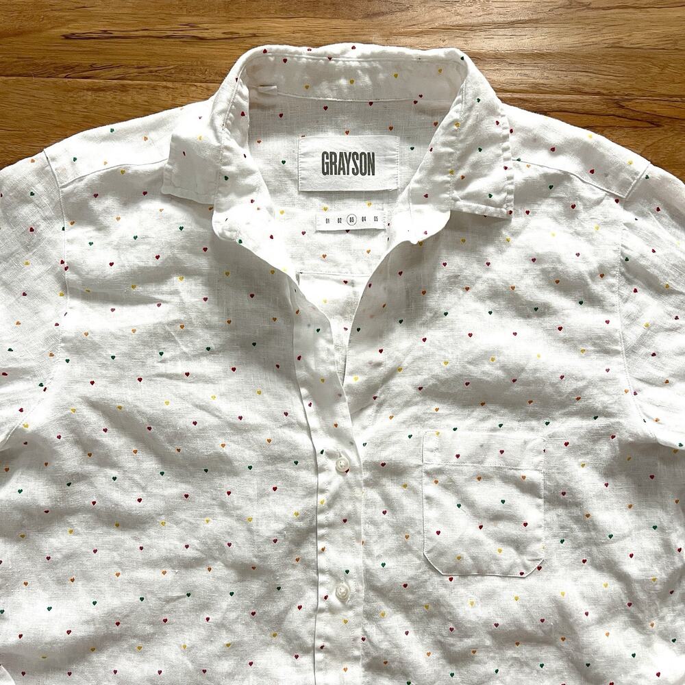 Grayson Frank & Eileen Multicolor Heart Print The Hero Linen Button Shirt M 03